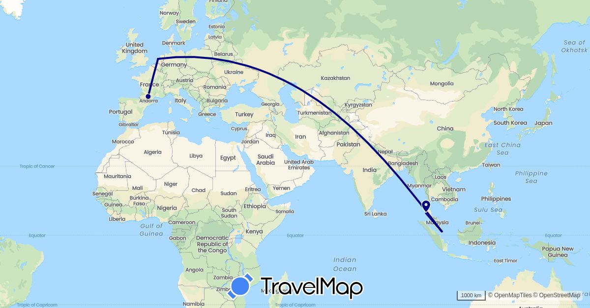 TravelMap itinerary: driving in France, Netherlands, Singapore, Thailand (Asia, Europe)